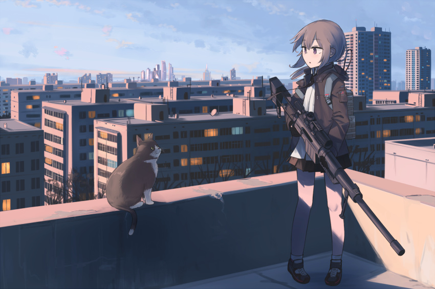 1girl animal anti-materiel_rifle apartment backpack bag bangs bipod black_gloves black_neckwear black_skirt blue_sky bolt_action brown_jacket building cat cheytac_m200 cityscape dress_shirt full_body girls_frontline gloves green_eyes gun highres hinami047 holding holding_weapon hood hood_down hooded_jacket jacket ladder low_ponytail m200_(girls_frontline) necktie open_clothes open_jacket open_mouth pleated_skirt popped_collar rifle rooftop scenery scope shirt shoes sidelocks silver_hair skirt sky skyscraper sniper_rifle sniper_scope socks solo tree violet_eyes wall weapon white_legwear white_shirt wind window