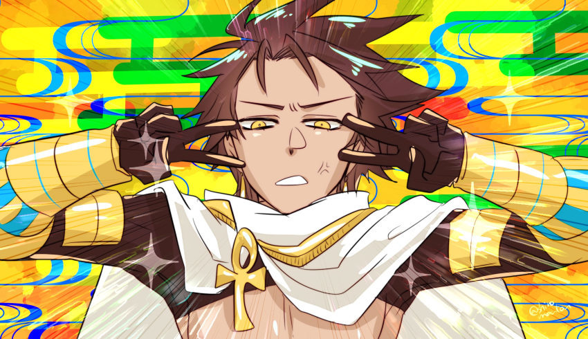 1boy anger_vein armlet black_gloves black_shirt bracer brown_hair cape clenched_teeth cropped_shirt dark_skin dark_skinned_male double_v earrings egasumi egyptian egyptian_clothes emotional_engine_-_full_drive fate/grand_order fate/prototype fate/prototype:_fragments_of_blue_and_silver fate_(series) gloves hands_up highres jewelry looking_at_viewer necklace ozymandias_(fate) parody shiromantou shirt short_hair solo sparkle teeth v white_cape yellow_background yellow_eyes