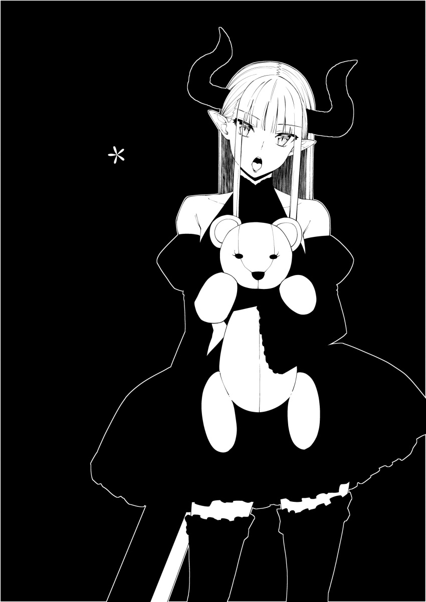 1girl absurdres akino_sora bangs bare_shoulders black_background collarbone commentary_request curled_horns detached_sleeves dress eyebrows_visible_through_hair frilled_legwear head_tilt highres horns juliet_sleeves long_hair long_sleeves monochrome object_hug open_mouth original pointy_ears puffy_sleeves simple_background sleeveless sleeveless_dress solo stuffed_animal stuffed_toy teddy_bear thigh-highs wide_sleeves