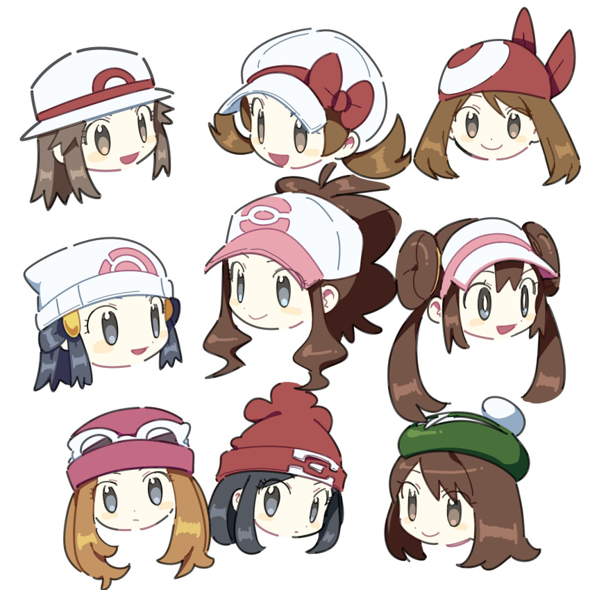 6+girls :d black_hair blue_(pokemon) brown_eyes brown_hair dawnlover_01 face green_headwear grey_eyes haruka_(pokemon) hat hat_ribbon highres hikari_(pokemon) kotone_(pokemon) light_brown_hair long_hair looking_at_viewer mei_(pokemon) mizuki_(pokemon) multiple_girls open_mouth pokemon pokemon_(game) pokemon_bw pokemon_bw2 pokemon_dppt pokemon_frlg pokemon_hgss pokemon_rse pokemon_sm pokemon_swsh pokemon_xy red_bandana ribbon serena_(pokemon) short_hair sidelocks simple_background smile sunglasses touko_(pokemon) white_background white_headwear yuuri_(pokemon)