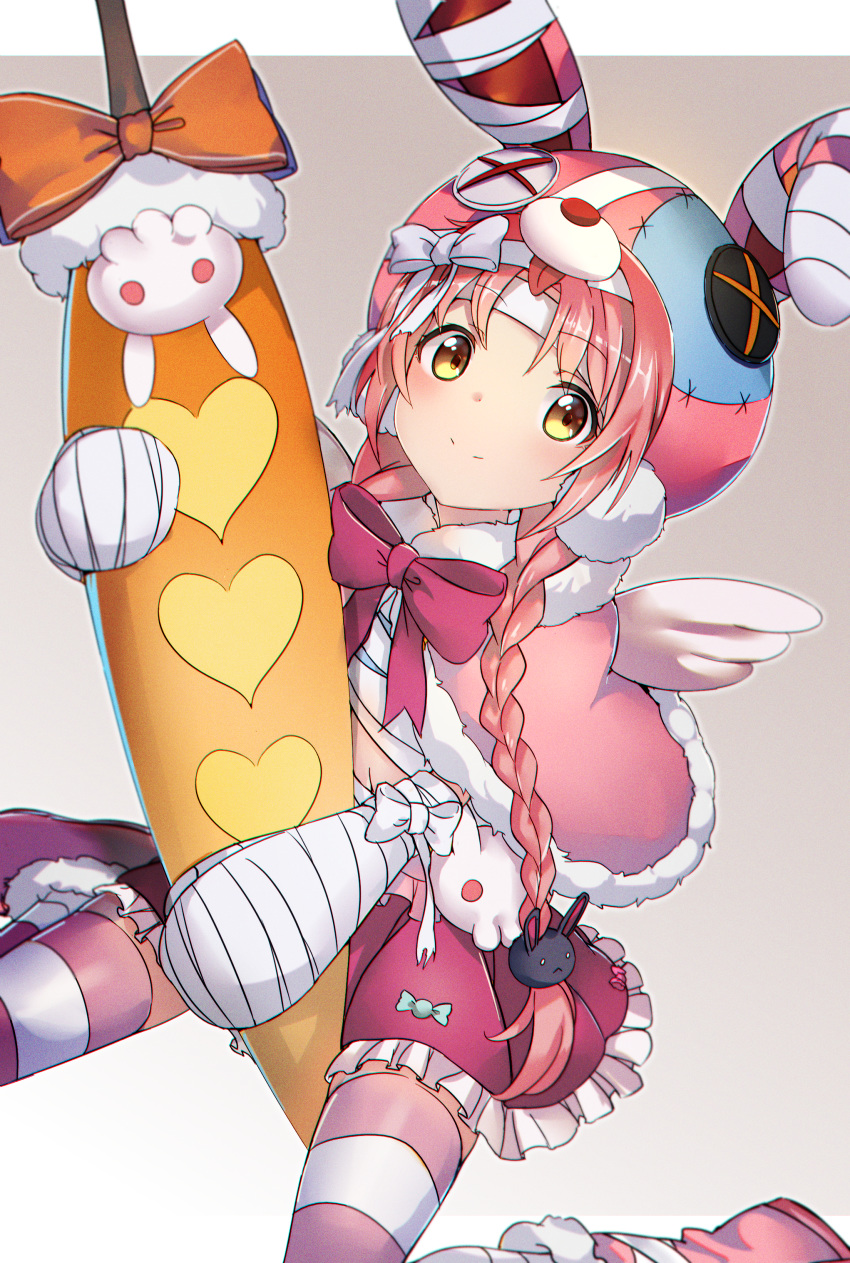 1girl absurdres akane_mimi animal_ears animal_hat bandaged_arm bandaged_hands bandages bangs blush boots bow braid brown_eyes bunny_hair_ornament bunny_hat capelet closed_mouth commentary_request eyebrows_visible_through_hair fake_animal_ears frilled_skirt frills fur-trimmed_boots fur-trimmed_capelet fur_trim gradient gradient_background grey_background hair_ornament hat heart highres holding huge_filesize kure_(kure_ng) long_hair looking_at_viewer orange_bow parted_bangs pink_capelet pink_hair pink_headwear princess_connect! princess_connect!_re:dive rabbit_ears red_bow red_footwear red_skirt sitting skirt smile solo striped striped_legwear thigh-highs twin_braids very_long_hair wariza white_background