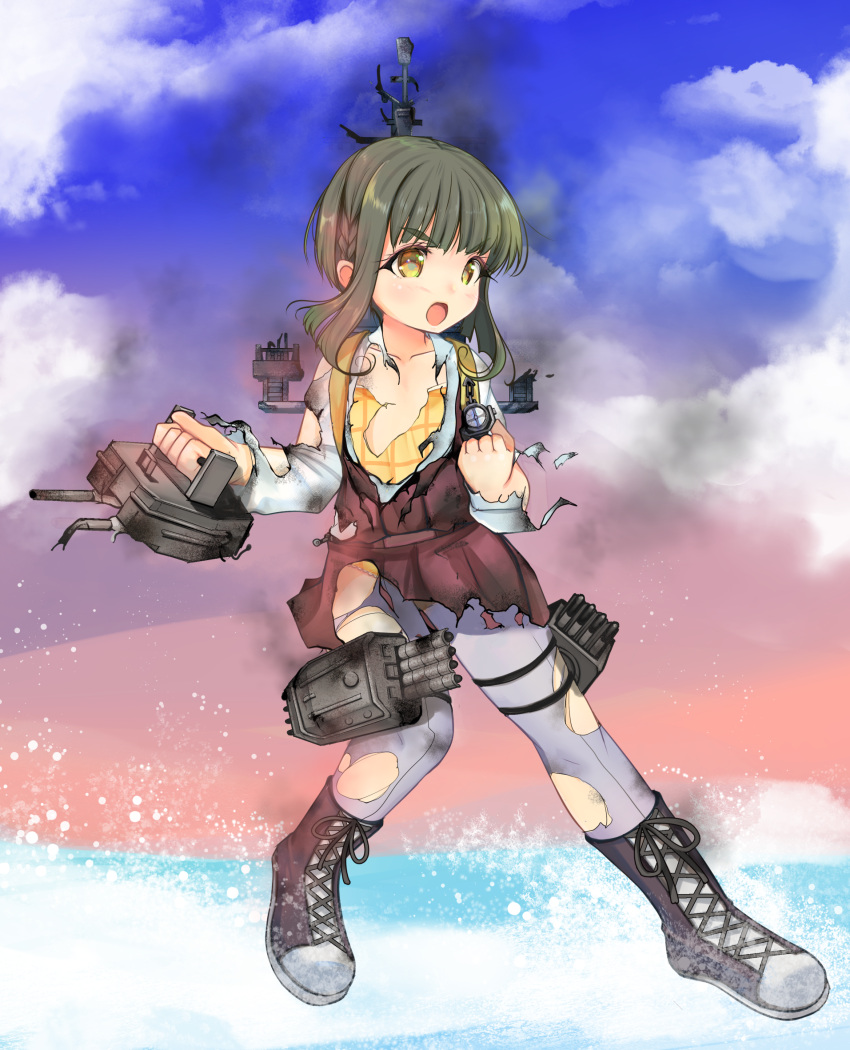 1girl adapted_turret blue_sky bob_cut boots braid brown_dress brown_eyes camisole cannon clouds cross-laced_footwear dress flat_chest full_body gradient_sky green_hair grey_legwear halterneck highres kantai_collection lace-up_boots long_sleeves machinery pantyhose pleated_dress school_uniform shirt short_hair short_hair_with_long_locks sidelocks sky solo standing standing_on_liquid takanami_(kancolle) torn_clothes turret white_shirt yashin_(yasinz) yellow_camisole
