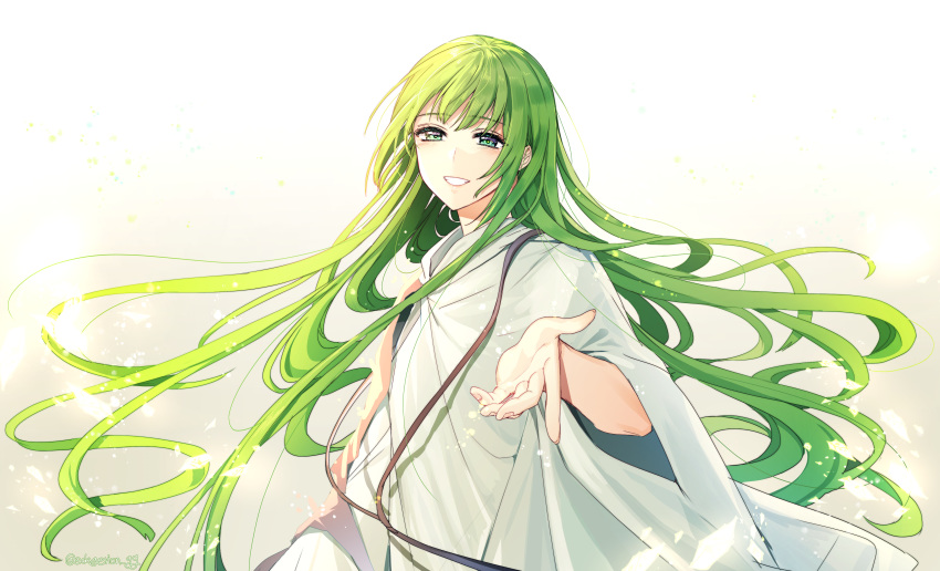 1boy absurdres androgynous bangs ede enkidu_(fate/strange_fake) eyebrows_visible_through_hair fate/strange_fake fate_(series) floating_hair green_eyes green_hair grin highres long_hair long_sleeves looking_at_viewer otoko_no_ko reaching_out robe smile solo upper_body very_long_hair wide_sleeves