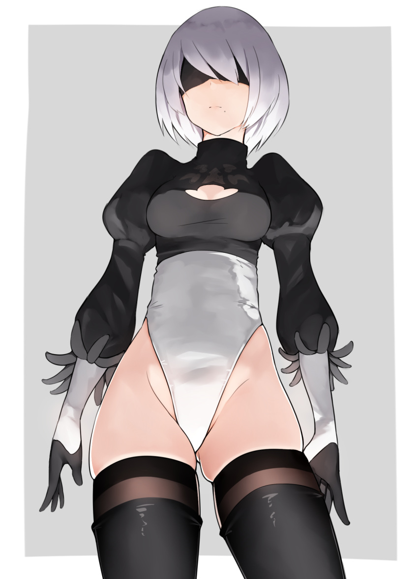 1girl black_gloves black_legwear blindfold boruhis breasts cleavage_cutout cowboy_shot expressionless facing_viewer frame gloves grey_background groin highleg highres juliet_sleeves leotard long_sleeves medium_breasts mole mole_under_mouth nier_(series) nier_automata puffy_sleeves short_hair silver_hair skindentation solo standing thigh-highs thighs yorha_no._2_type_b