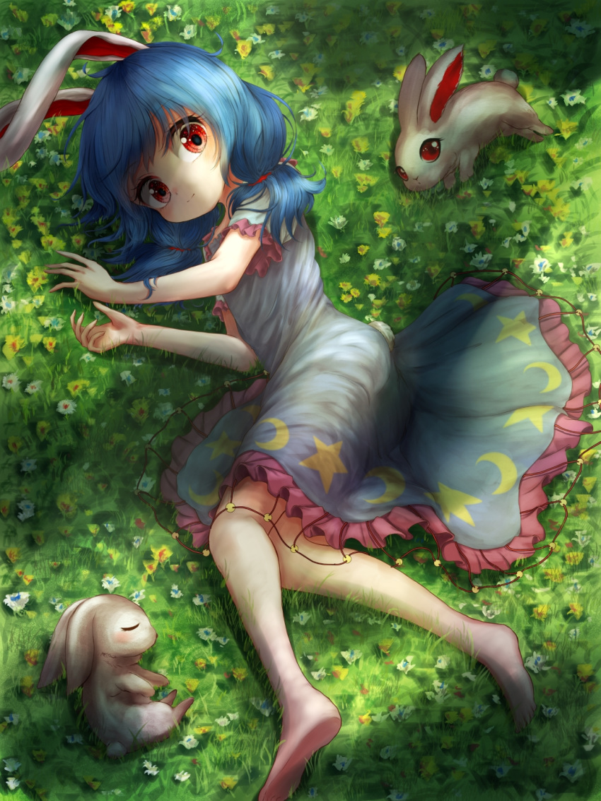 1girl animal_ears asymmetrical_eyebrows barefoot blue_dress blue_hair bunny_tail commentary_request crescent_print dappled_sunlight dress eyebrows_visible_through_hair flower frilled_sleeves frills from_above grass highres kayon_(touzoku) light_smile looking_at_viewer low_twintails lying medium_hair on_grass on_ground on_side rabbit rabbit_ears red_eyes seiran_(touhou) short_sleeves solo star star_print sunlight tail touhou twintails