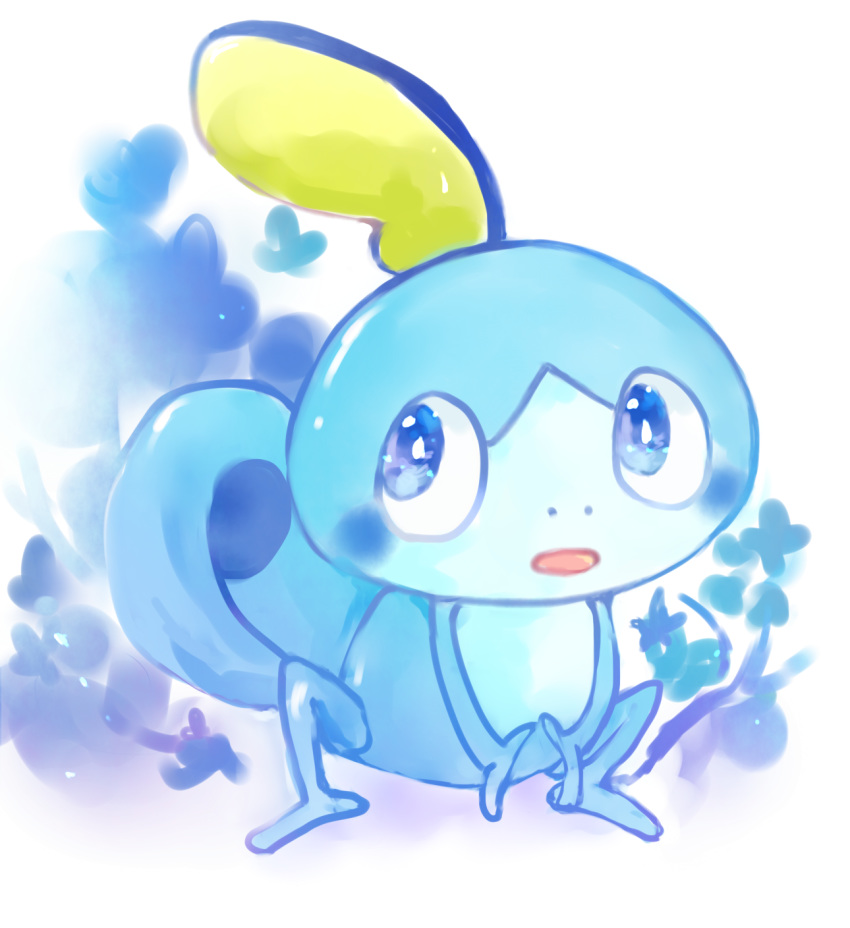 blue_eyes commentary_request floral_background full_body gen_8_pokemon highres looking_away looking_to_the_side no_humans parted_lips pokemon pokemon_(creature) sobble solo tsukiyo_(skymint) white_background
