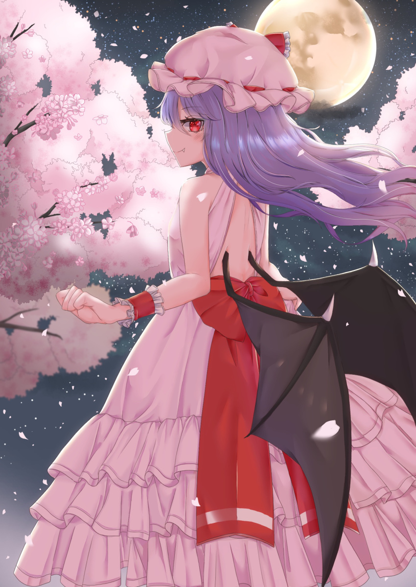 1girl alternate_costume alternate_hair_length alternate_hairstyle arm_up backless_dress backless_outfit bare_arms bare_shoulders bat_wings blush breasts cherry_blossoms commentary_request cowboy_shot curled_fingers dress fang fang_out from_side full_moon hair_blowing halter_dress hat hat_ribbon highres layered_dress long_hair looking_at_viewer mob_cap moon night outdoors petals pink_dress pink_headwear profile purple_hair red_eyes remilia_scarlet remitei03 ribbon sash shiny shiny_hair sideways_glance sky small_breasts smile solo standing star_(sky) starry_sky touhou tree_branch very_long_hair wind wings wrist_cuffs