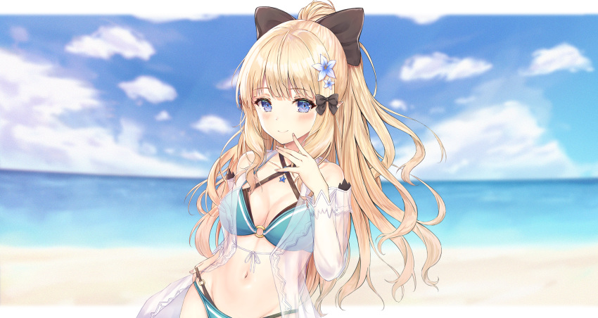 1girl atychi bikini blonde_hair blue_eyes breasts elf flower hair_flower hair_ornament highres large_breasts pointy_ears princess_connect! princess_connect!_re:dive sasaki_saren smile swimsuit