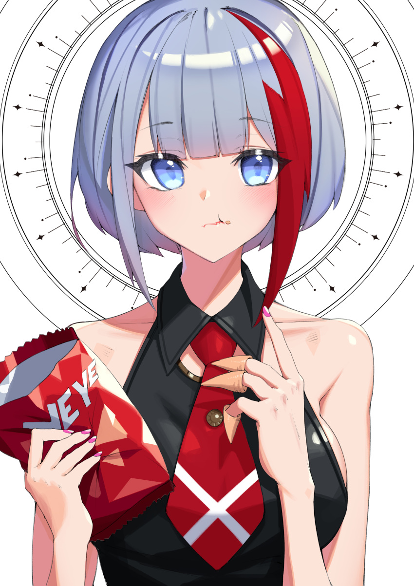 1girl absurdres admiral_graf_spee_(azur_lane) admiral_graf_spee_(maiden's_sunday)_(azur_lane) azur_lane bag_of_chips bare_shoulders black_dress blue_eyes breasts bugles bugles_on_fingers dress eyebrows_visible_through_hair food_on_finger hair_between_eyes highres kyudong. medium_breasts multicolored_hair necktie no_tail red_neckwear short_hair sideboob silver_hair sleeveless sleeveless_dress solo streaked_hair