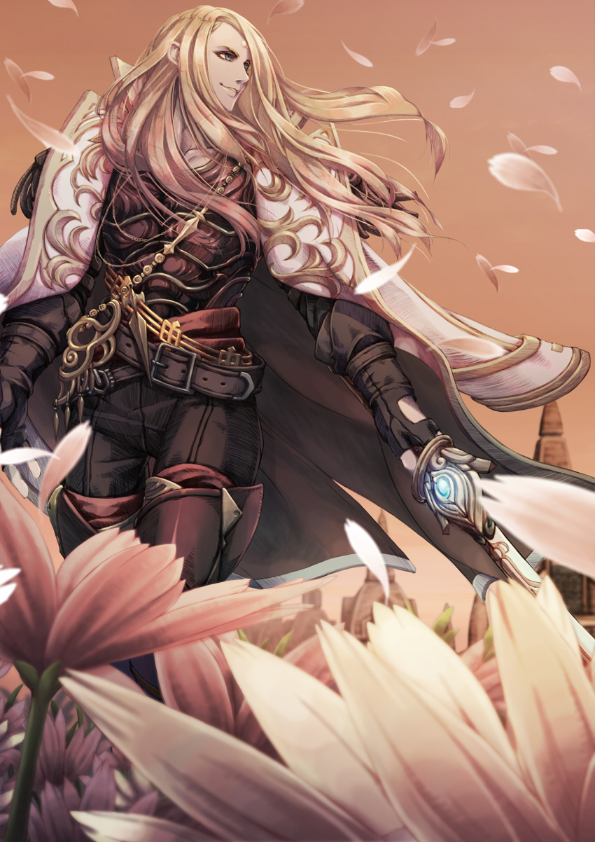 1boy armor belt blonde_hair blue_eyes boots coat final_fantasy final_fantasy_xiv fingerless_gloves flower gloves highres holding holding_sword holding_weapon jacket_on_shoulders long_hair looking_to_the_side mihira_(tainosugatayaki) open_clothes open_coat outdoors petals smile solo sunset sword thigh-highs thigh_boots third_eye weapon wind zenos_yae_galvus