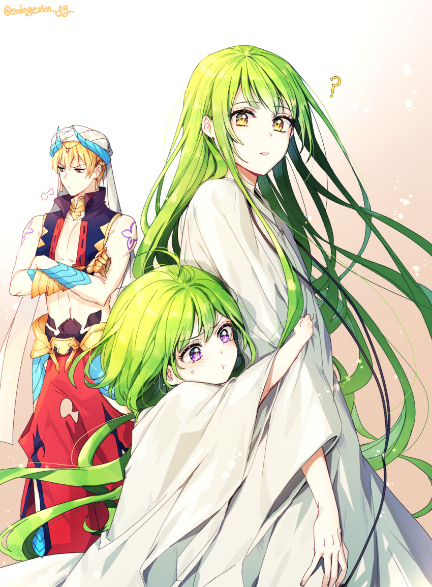 1boy 1other ? bangs blonde_hair blush closed_eyes collarbone crossed_arms ede enkidu_(fate/strange_fake) eyebrows_visible_through_hair fate/grand_order fate_(series) floating floating_hair gilgamesh gradient gradient_background green_hair hair_between_eyes headwear highres holding hug long_hair long_sleeves looking_at_another looking_down looking_to_the_side otoko_no_ko pants parted_lips purple_hair red_eyes red_pants robe short_hair simple_background sleeveless standing sulking very_long_hair vest waistcoat wide_sleeves yellow_eyes younger