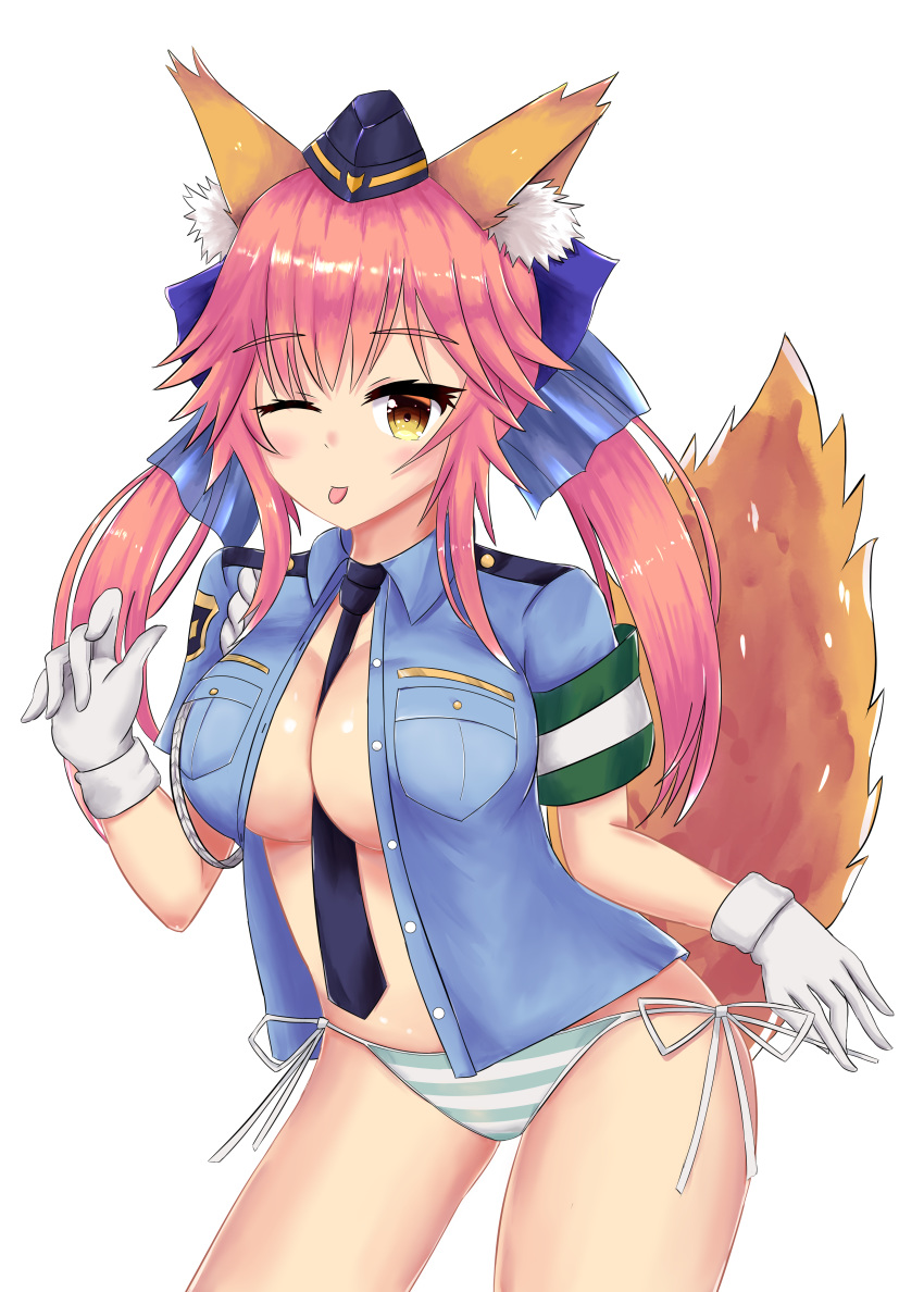 1girl absurdres animal_ear_fluff animal_ears between_breasts blue_ribbon breasts eyebrows_visible_through_hair fate/extra fate/extra_ccc fate/grand_order fate_(series) female_service_cap fox_ears fox_girl fox_tail gin_nozora gloves hair_ribbon hat highres large_breasts looking_at_viewer necktie necktie_between_breasts one_eye_closed open_clothes open_shirt panties pink_hair police police_hat police_uniform policewoman ribbon simple_background solo striped striped_panties tail tamamo_(fate)_(all) tamamo_no_mae_(fate) tongue underwear uniform white_background white_gloves yellow_eyes