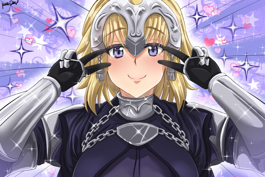 1girl absurdres armor armored_dress bangs black_gloves blonde_hair blue_background blue_eyes blush braid breasts chain closed_mouth collar double_v emotional_engine_-_full_drive fate/apocrypha fate/grand_order fate_(series) gauntlets gloves hands_up headpiece heart highres jeanne_d'arc_(fate) jeanne_d'arc_(fate)_(all) large_breasts long_braid long_hair looking_at_viewer makudesu metal_collar parody single_braid smile solo sparkle star sunburst sunburst_background v very_long_hair