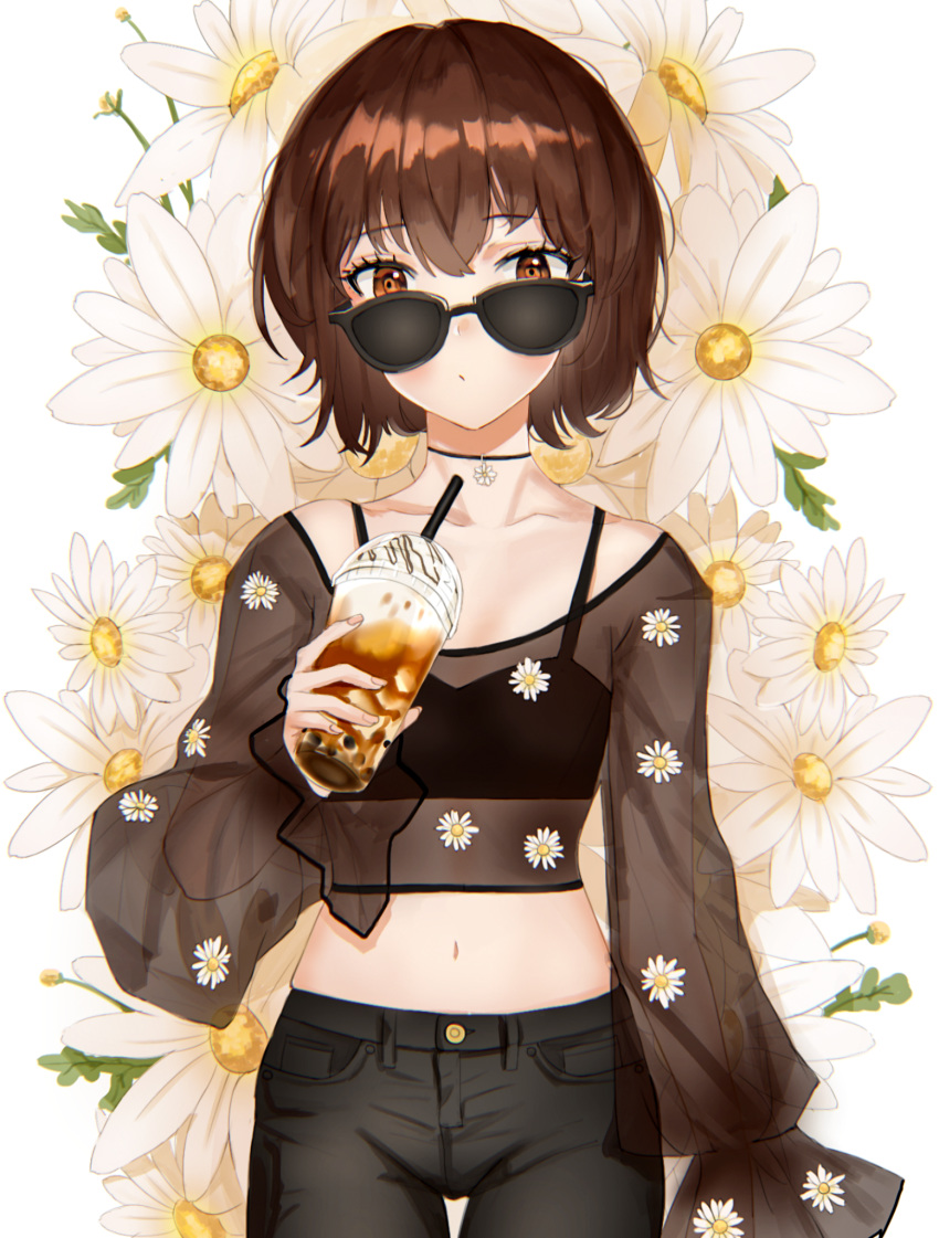 1girl bangs black_bra black_choker black_pants black_shirt bra brown_eyes brown_hair bubble_tea choker eyebrows_visible_through_hair flower highres holding_drink long_sleeves looking_at_viewer midriff original pants sarina_matsumura see-through shirt short_hair solo sunglasses underwear white_flower