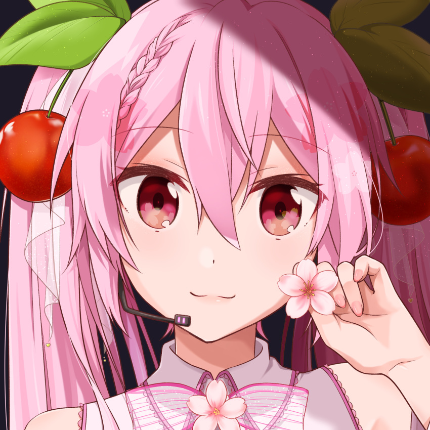 1girl :3 bangs braid cherry_hair_ornament eyebrows_visible_through_hair flower food_themed_hair_ornament hair_between_eyes hair_ornament hatsune_miku headset highres holding holding_flower long_hair looking_at_viewer microphone nail_polish pink_hair pink_nails portrait red_eyes sakura_miku single_braid smile so_ra_01_02 solo twintails vocaloid white_flower wing_collar