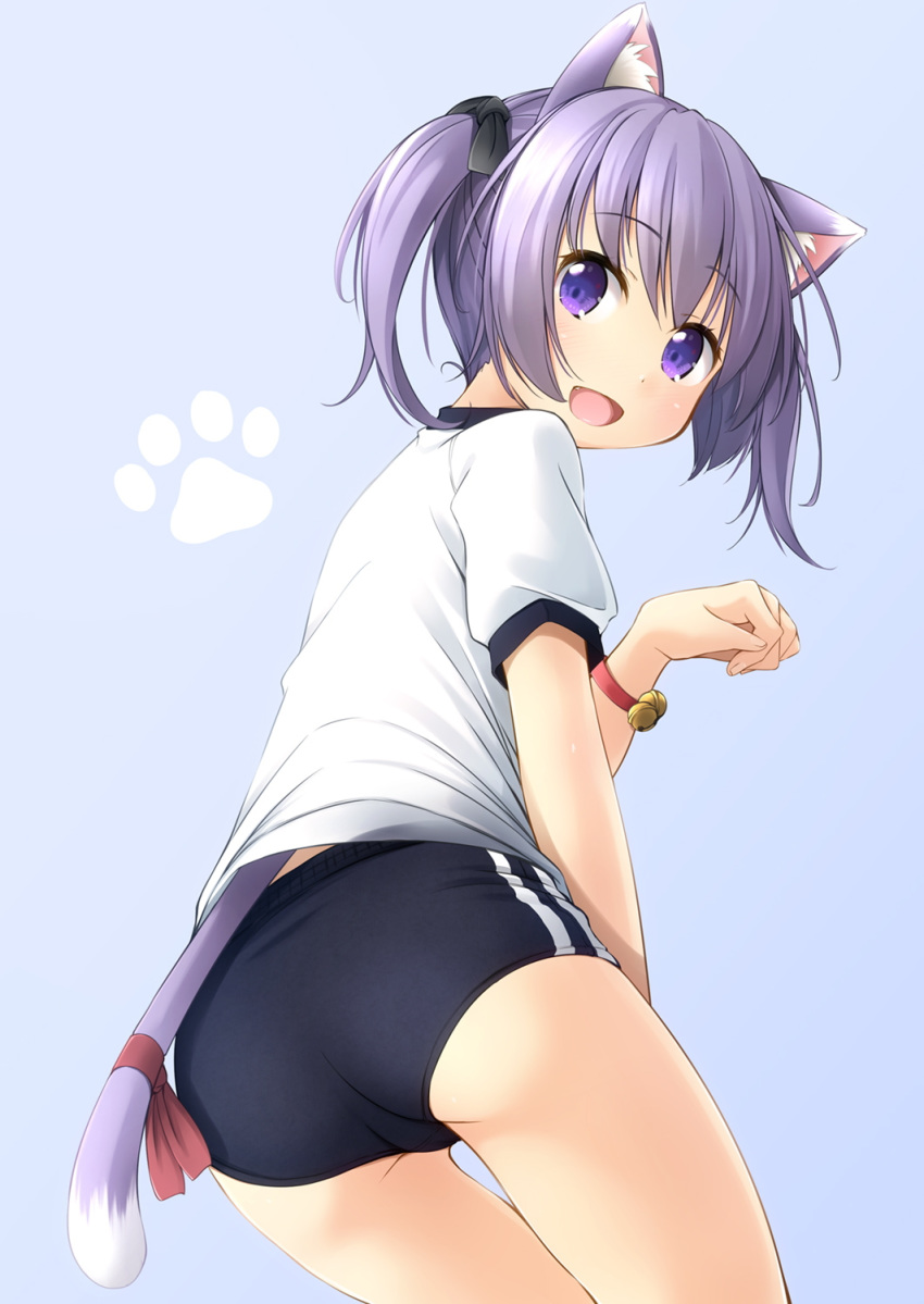 1girl :d animal_ear_fluff animal_ears ass bangs bell black_bow black_buruma blue_background blush bow buruma cat_ears cat_girl cat_tail commentary_request eyebrows_visible_through_hair fang gym_shirt gym_uniform hair_between_eyes hair_bow hand_up highres jingle_bell looking_at_viewer looking_back open_mouth original paw_pose puffy_short_sleeves puffy_sleeves purple_hair red_ribbon ribbon shibacha shirt short_sleeves sidelocks simple_background smile solo tail tail_ribbon twintails violet_eyes white_shirt