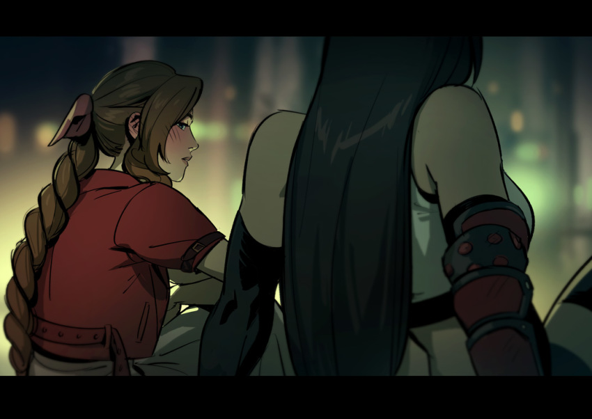 2girls aerith_gainsborough arm_guards black_hair blurry blurry_background blush bow braid braided_ponytail brown_hair crop_top cropped_jacket elbow_gloves final_fantasy final_fantasy_vii final_fantasy_vii_remake gloves hair_bow jacket long_hair looking_at_another maren_marmulla multiple_girls parted_lips red_jacket sitting suspenders tank_top tifa_lockhart
