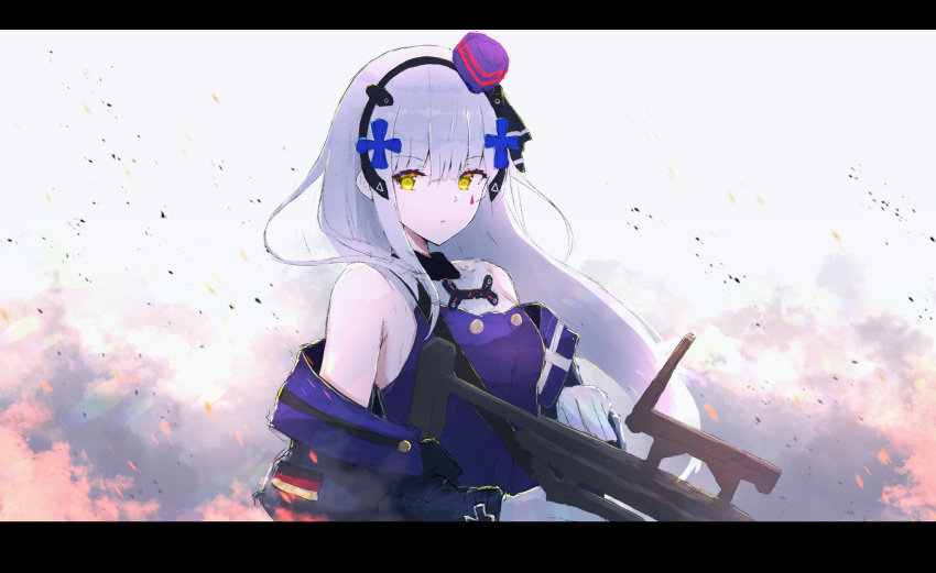 1girl bangs bare_shoulders butasanp embers eyebrows_visible_through_hair german_flag girls_frontline gloves gun hair_ornament hairband hat highres hk416_(girls_frontline) holding holding_gun holding_weapon letterboxed long_hair looking_at_viewer mini_hat mod3_(girls_frontline) parted_lips silver_hair solo teardrop upper_body weapon white_gloves wind yellow_eyes