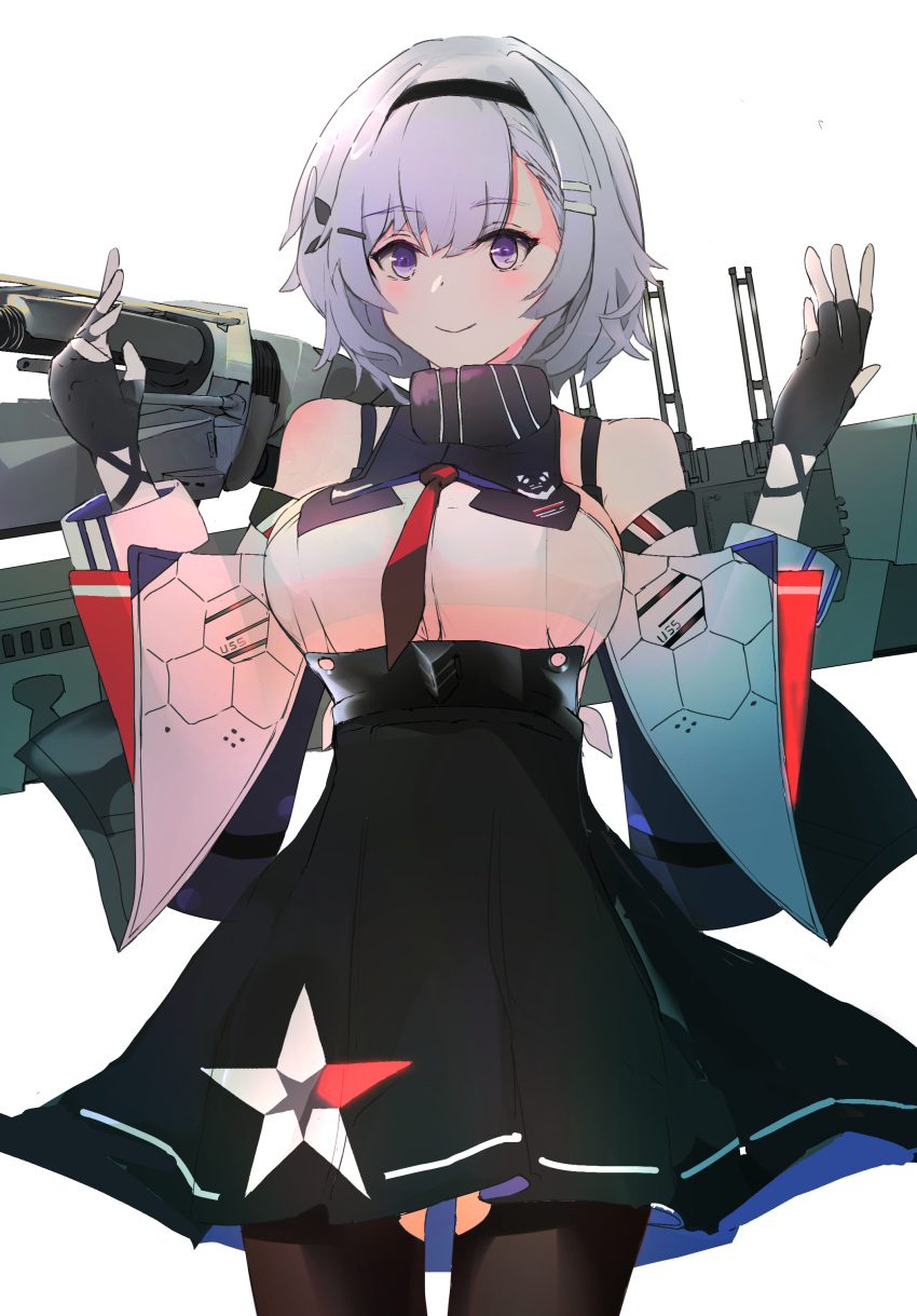 1girl absurdres arms_up azur_lane bare_shoulders black_gloves black_legwear black_ribbon blush breasts dress eyebrows_visible_through_hair fingerless_gloves gloves grey_hair hair_between_eyes hair_ornament hairband hairclip highres hinaname large_breasts looking_at_viewer machinery necktie pantyhose red_neckwear reno_(azur_lane) ribbon short_hair simple_background skirt sleeveless smile solo under_boob violet_eyes white_background