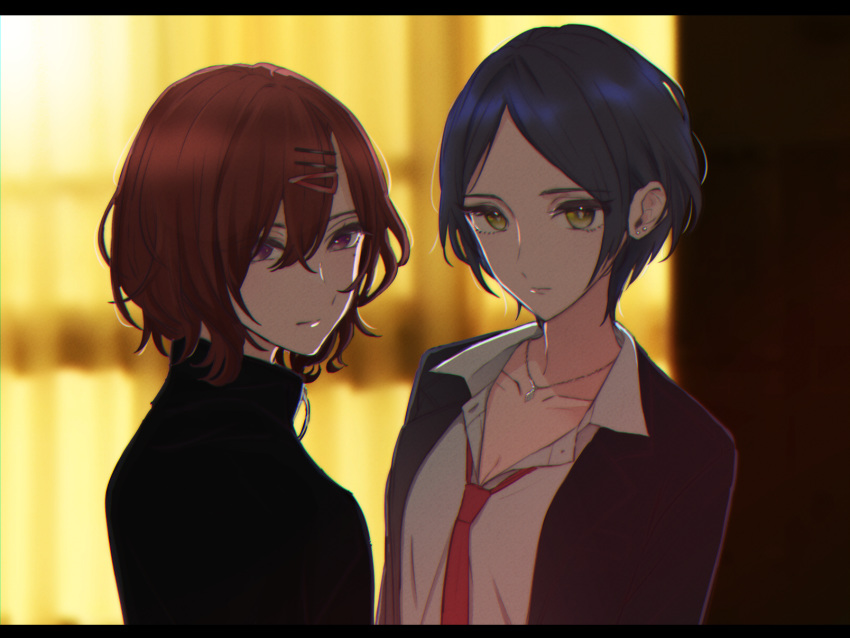 2girls :| bangs black_sweater blazer blue_hair blurry blurry_background breasts brown_hair closed_mouth collarbone collared_shirt earrings hair_between_eyes hair_ornament hairclip hayami_kanade highres higuchi_madoka idolmaster idolmaster_cinderella_girls jacket jewelry letterboxed long_sleeves looking_at_viewer mole mole_under_eye multiple_girls necklace necktie open_clothes open_jacket paishen_(team_tategami) pendant red_neckwear shirt short_hair stud_earrings sweater turtleneck upper_body violet_eyes white_shirt yellow_eyes