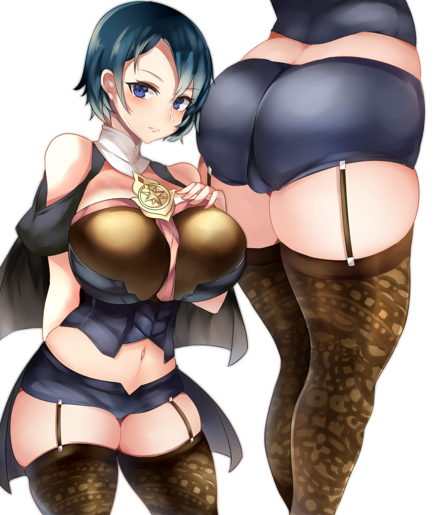 absurdres adapted_costume alternate_hair_length alternate_hairstyle ass blue_eyes blue_hair breasts byleth_(fire_emblem) byleth_eisner_(female) corset fire_emblem fire_emblem:_three_houses garter_straps highres huge_breasts navel patterned_clothing short_hair short_shorts shorts tagme tea_texiamato thigh-highs