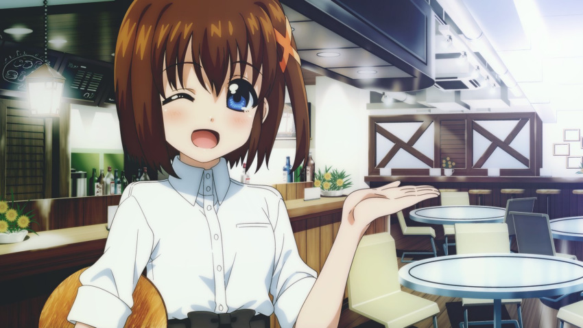 1girl blue_eyes blush breasts brown_hair eyebrows_visible_through_hair hair_ornament hairclip highres indoors looking_at_viewer lyrical_nanoha mahou_shoujo_lyrical_nanoha mahou_shoujo_lyrical_nanoha_a's one_eye_closed plant potted_plant shiny shiny_hair shiny_skin shirt short_hair small_breasts smile solo syu1 tongue upper_body waitress white_shirt yagami_hayate