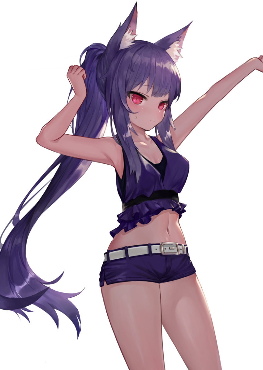 1girl animal_ear_fluff animal_ears armpits arms_up bangs bare_arms bare_shoulders belt belt_buckle black_shorts blush breasts buckle camisole closed_mouth collarbone commentary_request commission copyright_request dokomon eyebrows_visible_through_hair frills high_ponytail highres korean_commentary long_hair looking_at_viewer medium_breasts navel pink_eyes short_shorts shorts sidelocks simple_background solo sports_bra standing stomach stretch sweat thighs very_long_hair white_background