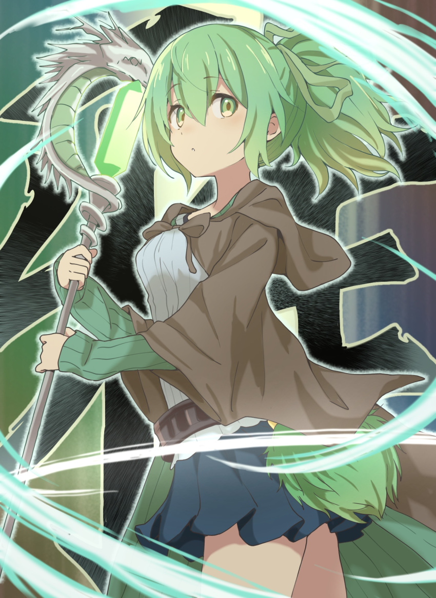 1girl :o bangs blue_skirt breasts brown_robe duel_monster eyebrows_visible_through_hair green_eyes green_hair green_ribbon grey_shirt hair_between_eyes hair_ribbon highres holding holding_staff hood hood_down hooded_robe long_sleeves open_clothes open_robe parted_lips pleated_skirt ponytail ribbon robe shirt sidelocks skirt sleeves_past_wrists small_breasts solo staff tadanoshi_kabane tail wide_sleeves wynn yuu-gi-ou