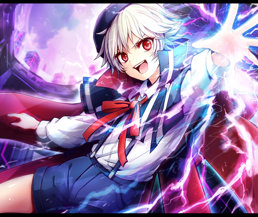 1boy blonde_hair collared_shirt gunslinger_stratos hat highres lightning looking_at_viewer male_focus open_mouth red_eyes remy_odhner ribbon shichi_miko shirt shorts smile suspenders