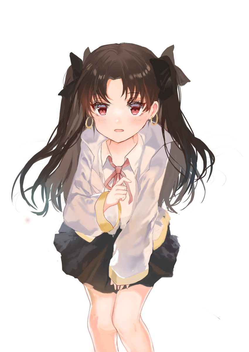 1girl absurdres archer_(ishtar) bangs black_skirt breasts brown_hair collared_shirt corpse_(pixiv) dress_shirt fate/grand_order fate/stay_night fate_(series) highres ishtar_(fate)_(all) leaning_forward moe open_mouth parted_bangs red_eyes shirt skirt small_breasts solo space_ishtar_(fate) thighs tohsaka_rin toosaka_rin two_side_up type-moon ufotable white_shirt younger