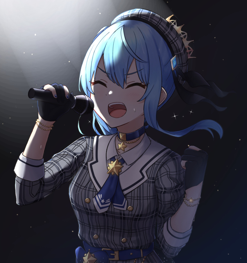 1girl absurdres bangs beret black_gloves blue_hair blue_nails blue_neckwear blush bracelet breasts closed_eyes collared_shirt commentary_request gloves grey_headwear grey_jacket hair_between_eyes hands_up hat highres holding holding_microphone hololive hoshimachi_suisei jacket jewelry kenken_(keuken) long_hair microphone nail_polish open_mouth partly_fingerless_gloves plaid_hat plaid_jacket shirt small_breasts solo suisei_channel upper_body v-shaped_eyebrows virtual_youtuber white_shirt