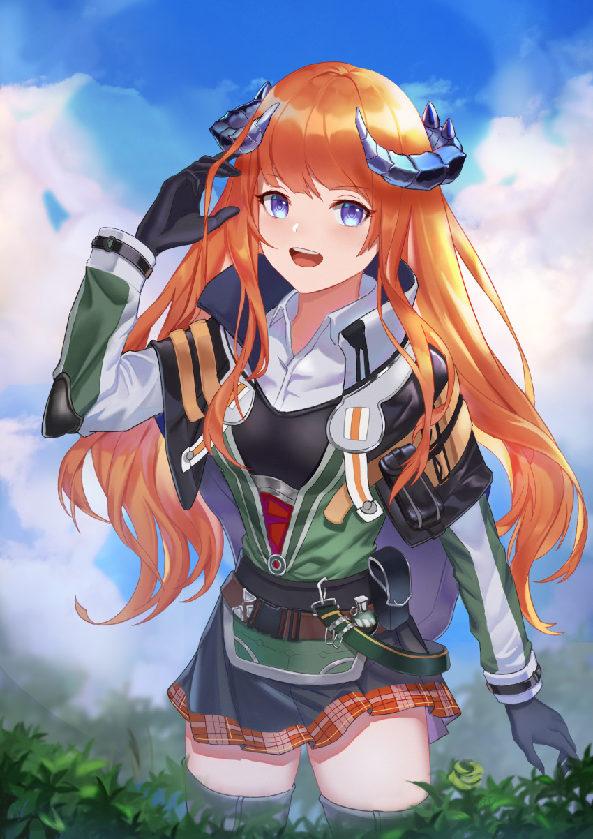 1girl absurdres arknights bagpipe_(arknights) belt belt_pouch black_gloves black_skirt blue_eyes blue_sky breasts clouds cloudy_sky collared_shirt cowboy_shot day dragon_horns eyebrows_visible_through_hair gloves green_jacket highres horns jacket long_hair long_sleeves longyu_(17767756) looking_at_viewer medium_breasts miniskirt open_mouth orange_hair outdoors plaid plaid_skirt plant pouch shirt skirt sky smile solo tactical_clothes thigh-highs thighs white_shirt wing_collar zettai_ryouiki