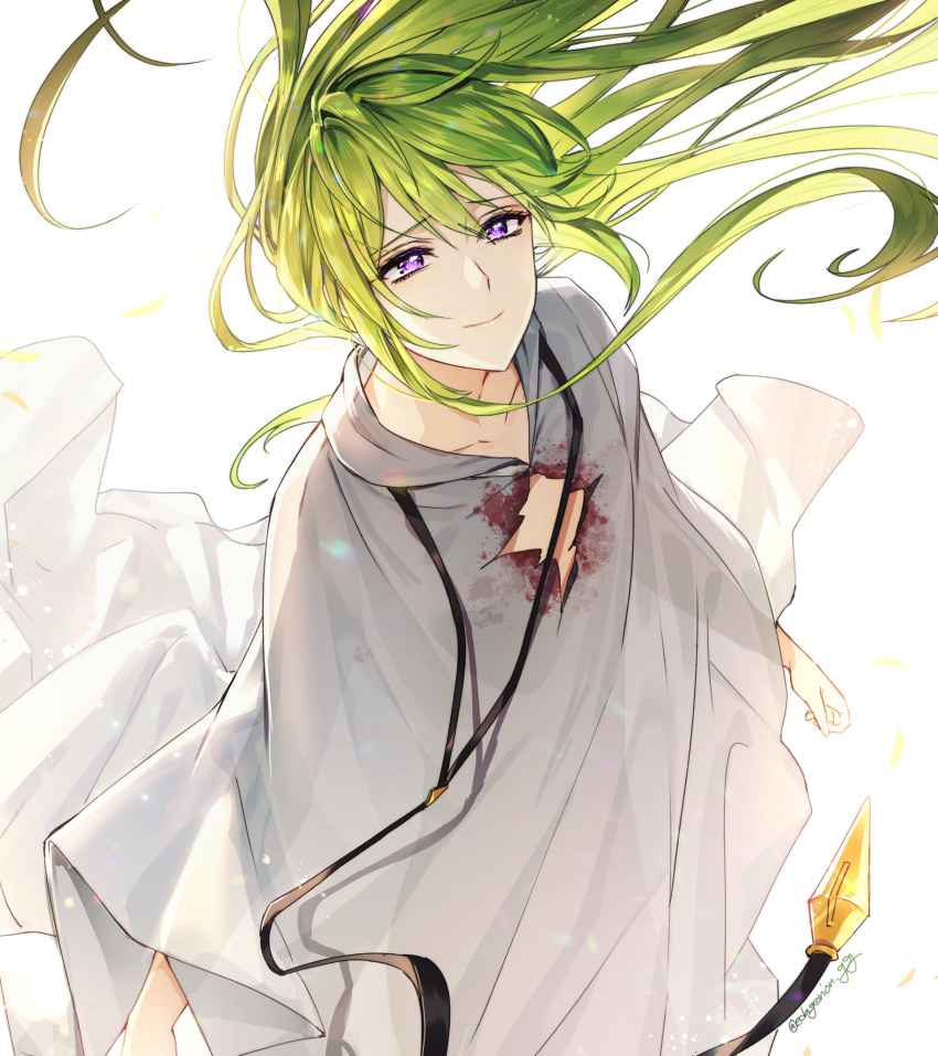 1other androgynous artist_name bangs blood bloody_clothes collarbone ede enkidu_(fate/strange_fake) eyebrows_visible_through_hair fate/grand_order fate_(series) floating_hair from_above green_hair hair_between_eyes highres jewelry lips long_hair long_sleeves looking_up necklace neckwear otoko_no_ko robe simple_background smile solo standing torn_clothes torn_robe twitter_username very_long_hair violet_eyes white_background white_robe wide_sleeves