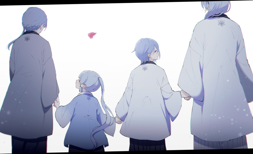 2boys 2girls bangs blue_hair brother_and_sister closed_eyes commentary_request family family_crest father_and_daughter father_and_son from_behind genshin_impact holding_hands husband_and_wife kamisato_ayaka kamisato_ayato kamisato_kayo long_sleeves mother_and_daughter mother_and_son multiple_boys multiple_girls ponytail siblings sidelocks urooooboe wide_sleeves