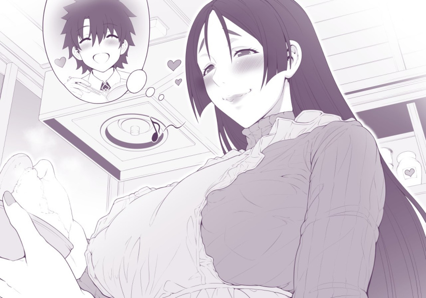 1girl :d aaoyama alternate_costume apron bangs blush breasts closed_mouth commentary_request curvy eyebrows_visible_through_hair fate/grand_order fate_(series) from_below fujimaru_ritsuka_(male) hair_between_eyes heart kitchen large_breasts long_hair mature minamoto_no_raikou_(fate/grand_order) monochrome motherly open_mouth parted_bangs ribbed_sweater short_hair smile sweater turtleneck turtleneck_sweater very_long_hair washing_dishes