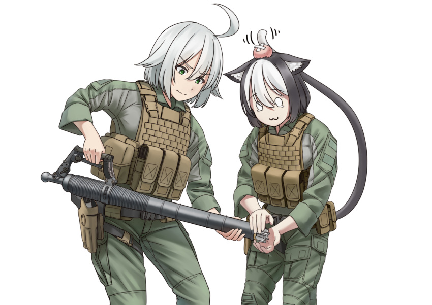 0_0 2girls :3 ahoge ammo_box angry animal_ears belt black_hair body_armor boots brown_footwear cat_ears cat_tail closed_mouth commentary english_commentary eyebrows_visible_through_hair frown green_jacket green_pants gun handgun head_bump holding holding_pen holster jacket jpc leaning_forward long_sleeves military military_uniform mortar motion_lines multicolored_hair multiple_girls original pants pen scared shadow short_hair silver_hair standing tail tearing_up two-tone_hair uniform utility_belt weapon