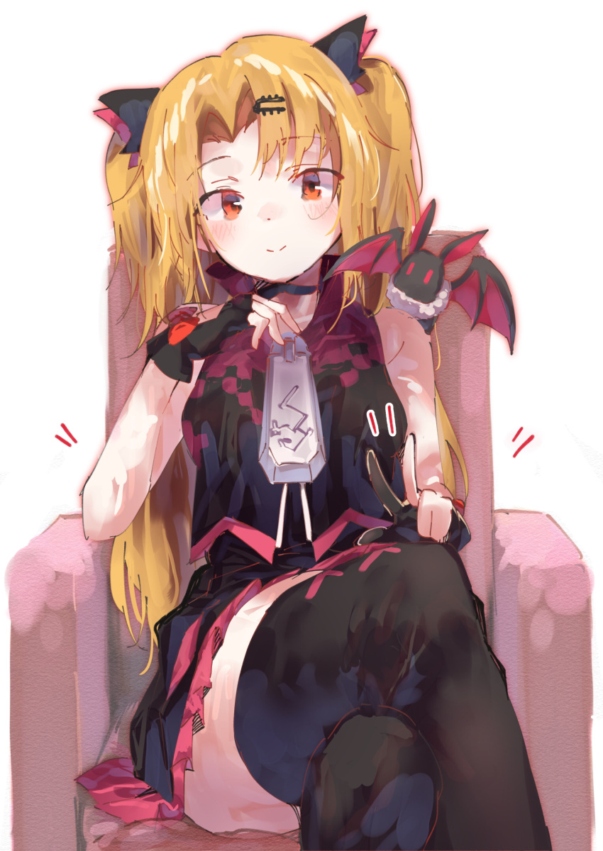 1girl akatsuki_uni animal animal_on_shoulder armchair bangs bare_shoulders bat black_dress black_gloves black_legwear blonde_hair blush bow brown_eyes chair closed_mouth commentary_request crossed_legs dress eyebrows_visible_through_hair feet_out_of_frame frilled_dress frills gloves hair_ornament hairclip hand_up highres long_hair on_chair parted_bangs partly_fingerless_gloves ramu_(taka1995) red_bow simple_background sitting sleeveless sleeveless_dress smile solo thigh-highs two_side_up uni_channel very_long_hair virtual_youtuber white_background