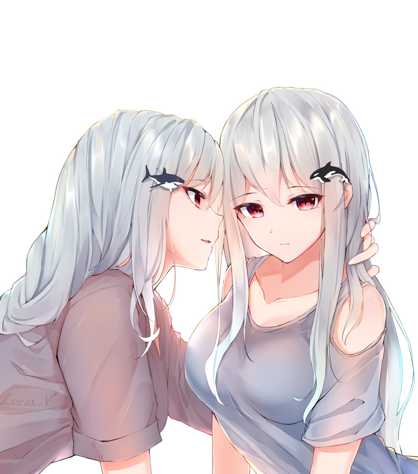 2girls arknights arm_around_neck artist_name breasts casual chinese_commentary closed_mouth collarbone expressionless eyebrows_visible_through_hair face-to-face grey_shirt hair_between_eyes hair_ornament highres large_breasts leria_v long_hair looking_at_another looking_at_viewer multiple_girls orca profile red_eyes shark_hair_ornament shirt short_sleeves shoulder_cutout signature silver_hair simple_background skadi_(arknights) specter_(arknights) straight_hair upper_body whale_hair_ornament white_background yuri