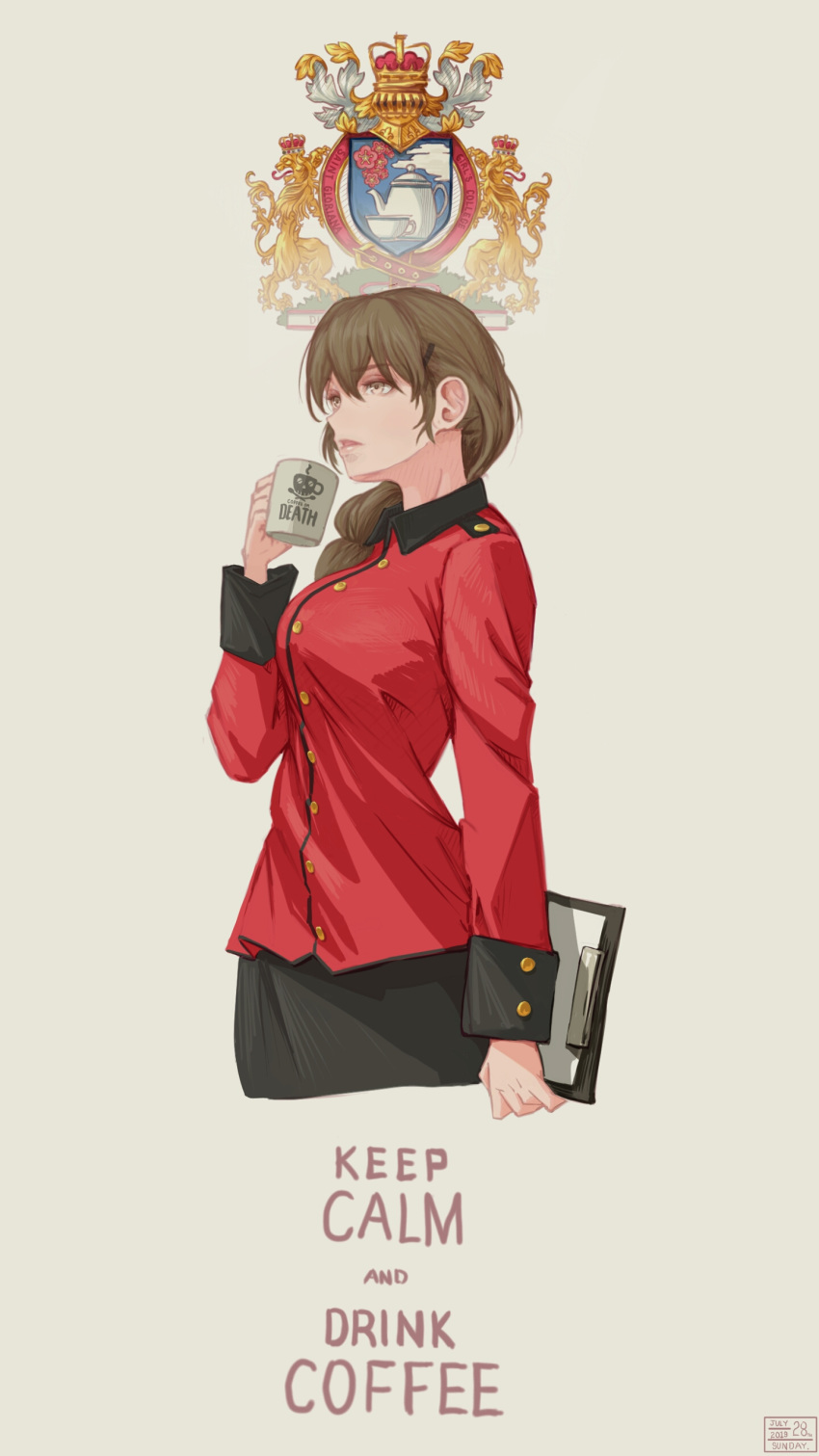 1girl absurdres black_skirt braid breasts brown_eyes brown_hair clipboard coffee_mug cropped_legs cup emblem english_text girls_und_panzer highres keep_calm_and_carry_on long_braid looking_away medium_breasts mug parted_lips rukuriri_(girls_und_panzer) single_braid skirt solo st._gloriana's_(emblem) st._gloriana's_military_uniform useless