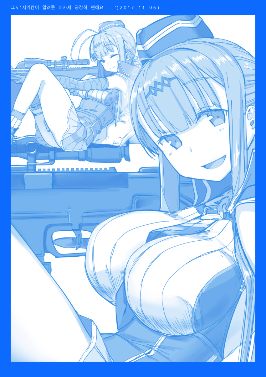 1girl between_breasts breasts dsr-50_(girls_frontline) dsr-50_(weapon) girls_frontline gun hair_ornament hat highres himura_kiseki_(style) large_breasts looking_at_viewer necktie necktie_between_breasts peagunz rifle scope skirt smile sniper_rifle trigger_discipline weapon