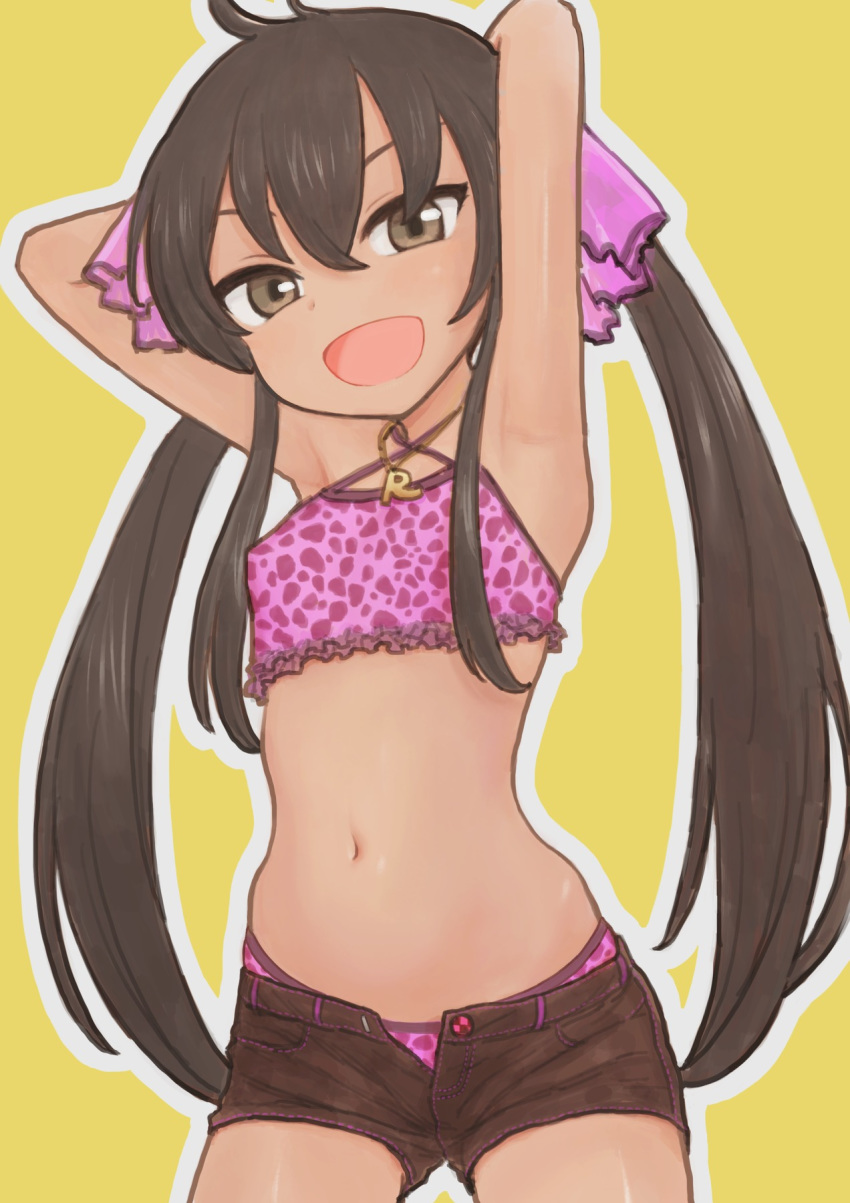 1girl animal_print armpits arms_behind_head arms_up bikini black_hair child commentary hair_between_eyes highres idolmaster idolmaster_cinderella_girls leopard_print long_hair looking_at_viewer matoba_risa navel necklace omodaka_(nitera1041) open_mouth panties panty_peek short_shorts shorts simple_background solo swimsuit tan thighs twintails unbuttoned_shorts underwear yellow_background