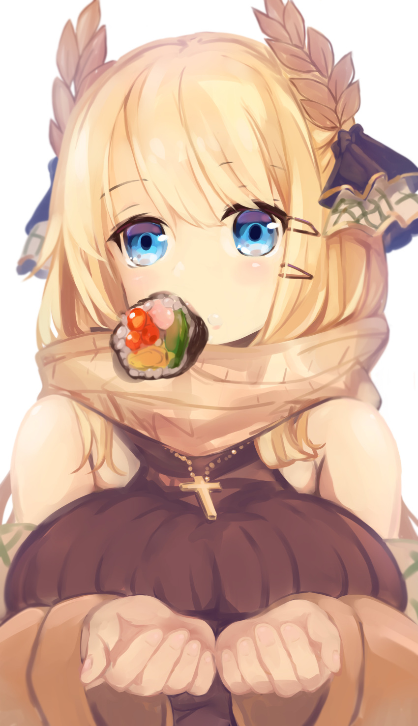 1girl absurdres azur_lane bare_shoulders blonde_hair blue_eyes breasts brown_coat brown_sweater coat coat_dress cross cross_necklace ehoumaki flower_ornament food highres jewelry large_breasts laurel_crown looking_at_viewer makizushi mouth_hold necklace open_clothes ribbed_sweater shika_(shika0) sleeveless_sweater solo sushi sweater taut_sweater_vest victorious_(azur_lane) victorious_(goddess'_day_off)_(azur_lane) white_background