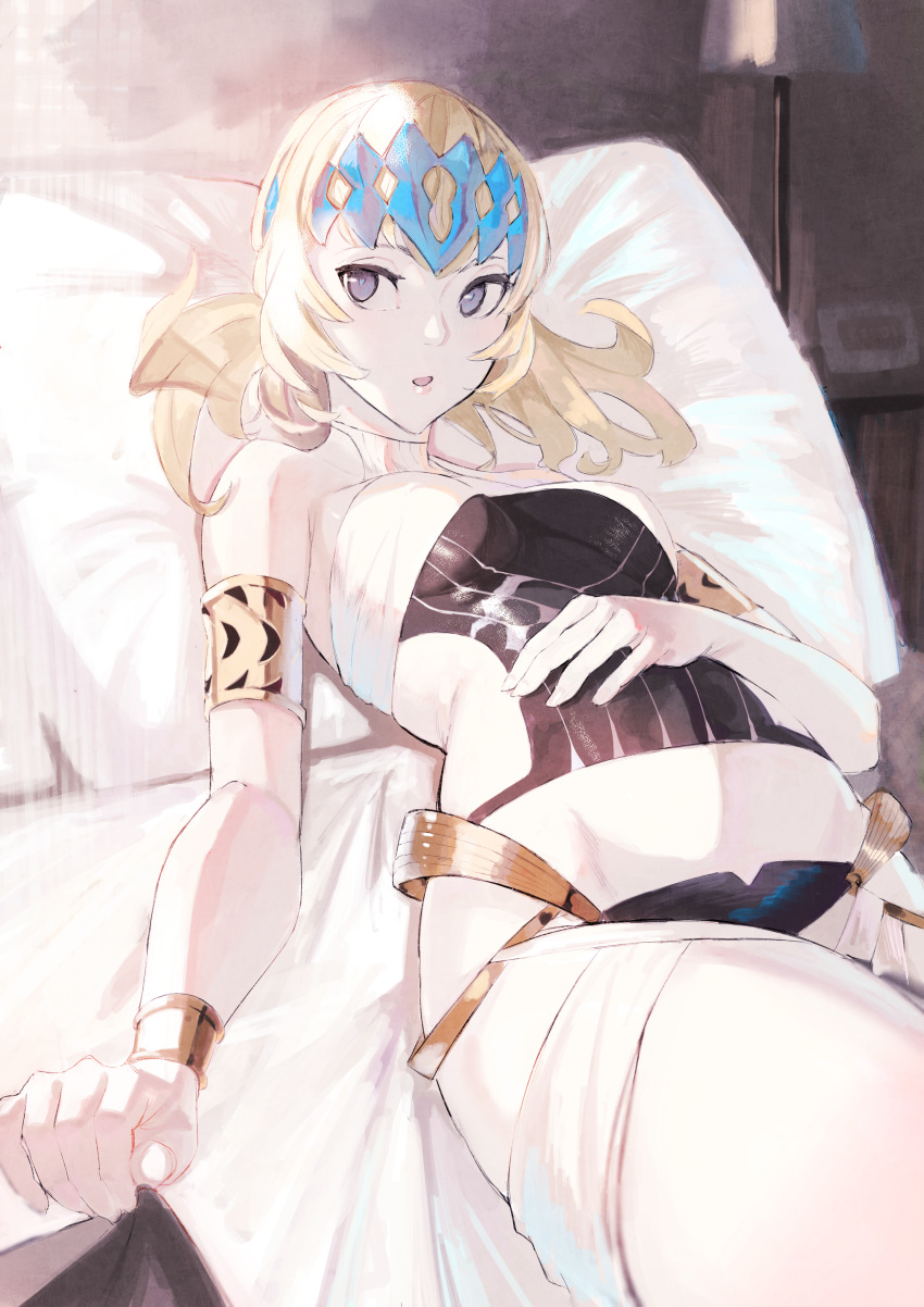 1girl absurdres armlet bare_shoulders black_shirt blonde_hair bracelet breasts clothes_pull diadem fate/grand_order fate_(series) grey_eyes highres huge_filesize jewelry lying medium_hair on_back open_mouth perspective pillow pollux_(fate/grand_order) shirt small_breasts thighs white_robe you-6-11