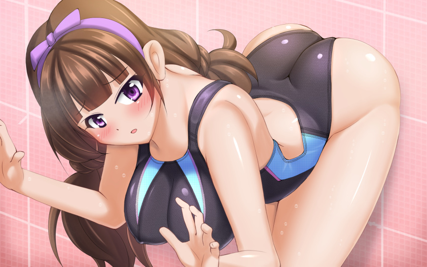 1girl amanogawa_kirara ass black_swimsuit breasts brown_hair commentary_request competition_swimsuit cowboy_shot go!_princess_precure hairband highres large_breasts leaning_forward long_hair one-piece_swimsuit precure purple_hairband satou_terumasa solo swimsuit tile_wall tiles violet_eyes