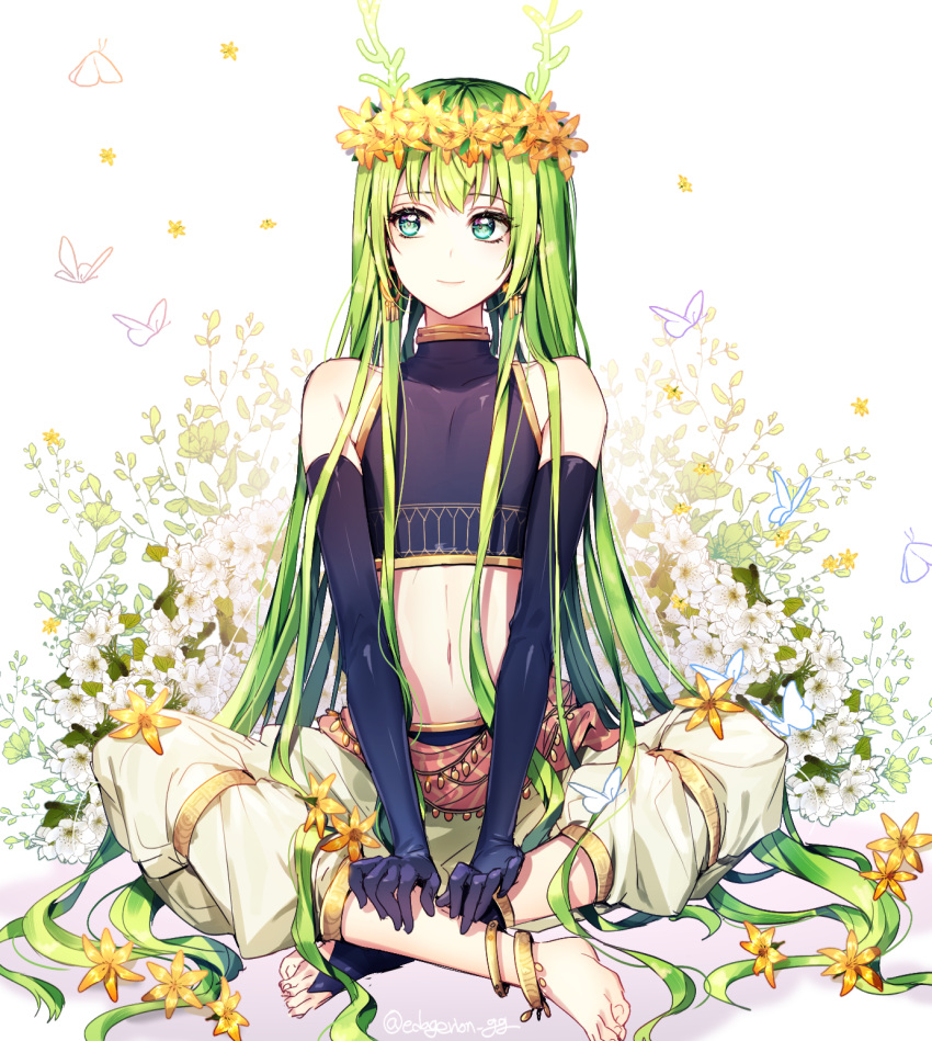 1other bangs bare_shoulders barefoot black_gloves bug butterfly closed_mouth collar ede elbow_gloves enkidu_(fate/strange_fake) eyebrows_visible_through_hair fate/grand_order fate_(series) flower gloves green_eyes green_hair hair_between_eyes hair_flower hair_ornament highres insect jewelry long_hair looking_to_the_side navel pants plant simple_background sitting sleeveless smile solo stomach very_long_hair white_background white_butterfly white_flower white_pants yellow_flower
