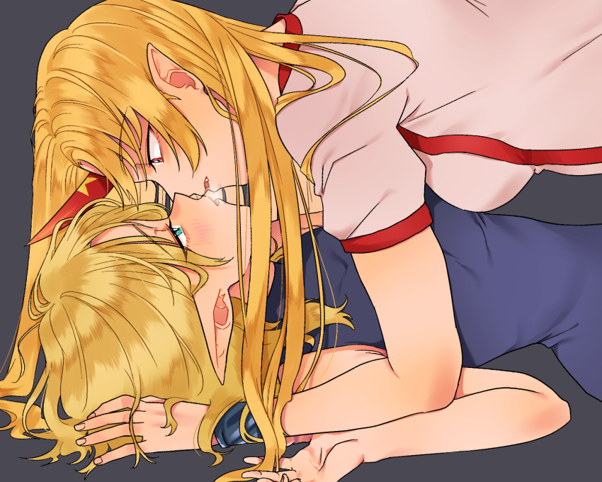 2girls alternate_costume bare_arms black_background blonde_hair blue_dress blush breasts breath commentary cuffs dress eye_contact eyebrows_visible_through_hair fang fingernails green_eyes hand_in_another's_hair highres horn hoshiguma_yuugi imminent_kiss long_hair looking_at_another lying medium_breasts mito_(mo96g) mizuhashi_parsee multiple_girls on_back open_mouth parted_lips pointy_ears red_eyes shackles shirt short_hair short_sleeves simple_background sleeveless sleeveless_dress star touhou upper_body very_long_hair white_shirt yuri