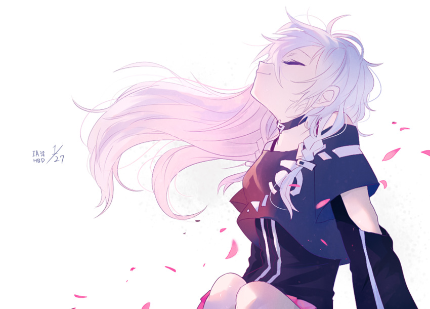 1girl arm_support arms_behind_back bare_legs bare_shoulders black_choker black_neckwear black_shirt braid choker closed_eyes closed_mouth commentary eyelashes flat_chest floating_hair gomiyama happy head_back ia_(vocaloid) legs_together light_smile long_hair petals shirt simple_background sitting solo symbol_commentary twin_braids upper_body vocaloid white_background white_hair