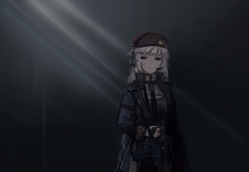 1girl beret blue_eyes braid closed_mouth cowboy_shot dark girls_frontline hat headset jacket light_rays long_hair long_sleeves looking_at_viewer necktie open_clothes open_jacket ots-12 ots-12_(girls_frontline) rampart1028 solo white_hair