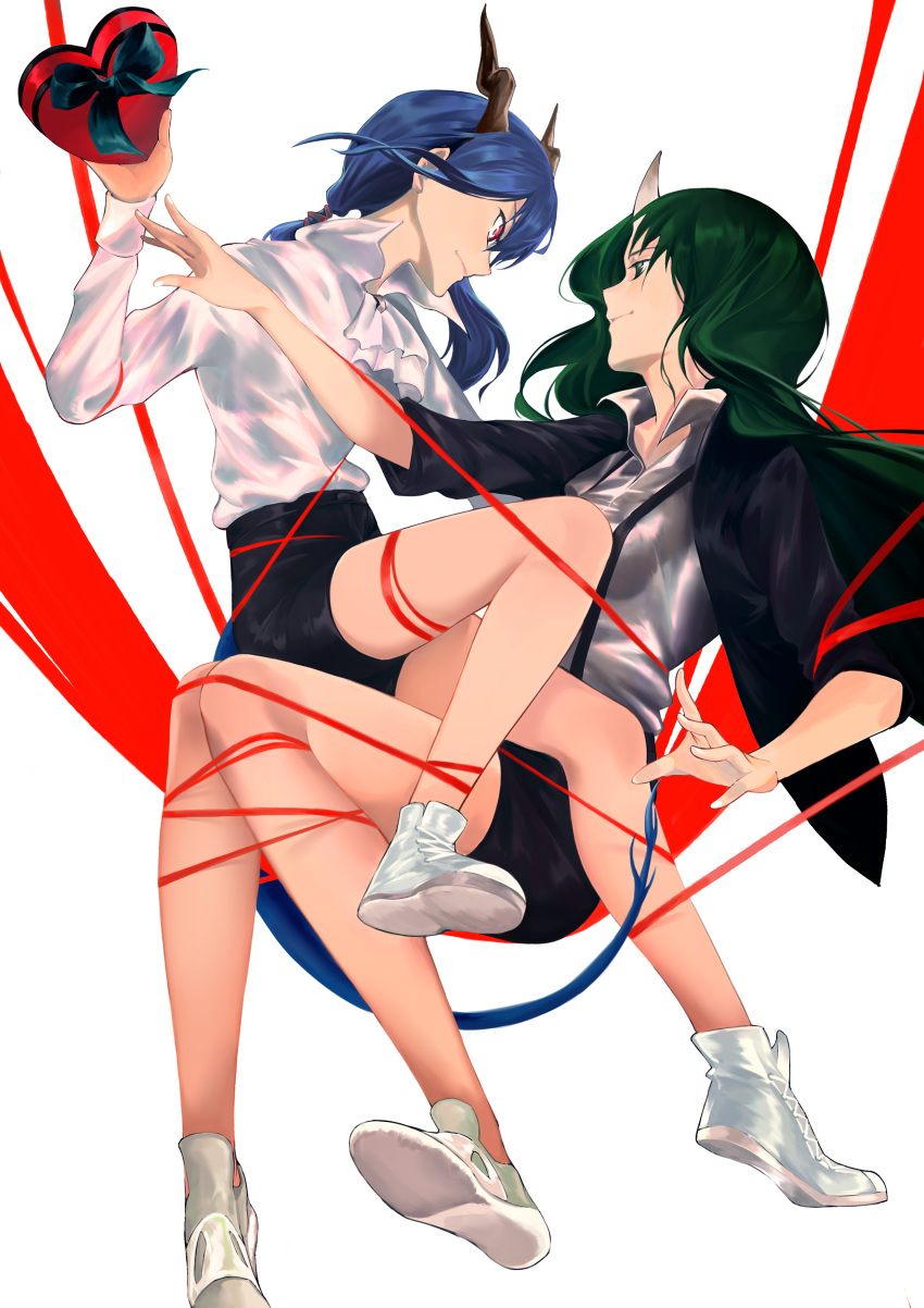 2girls absurdres alternate_costume arknights bare_legs black_jacket black_skirt black_suit blue_hair box breasts ch'en_(arknights) closed_mouth collared_shirt commentary dragon_horns face-to-face floating formal green_eyes green_hair hair_between_eyes heart-shaped_box highres horns hoshiguma_(arknights) jacket long_hair long_sleeves looking_at_another medium_breasts medium_hair miniskirt multiple_girls neckerchief oni_horn reaching red_eyes red_ribbon ribbon shidai shirt shoes simple_background skirt smile suit suspender_skirt suspenders symbol_commentary tail thighs twintails white_background white_footwear white_neckwear white_shirt wing_collar yuri