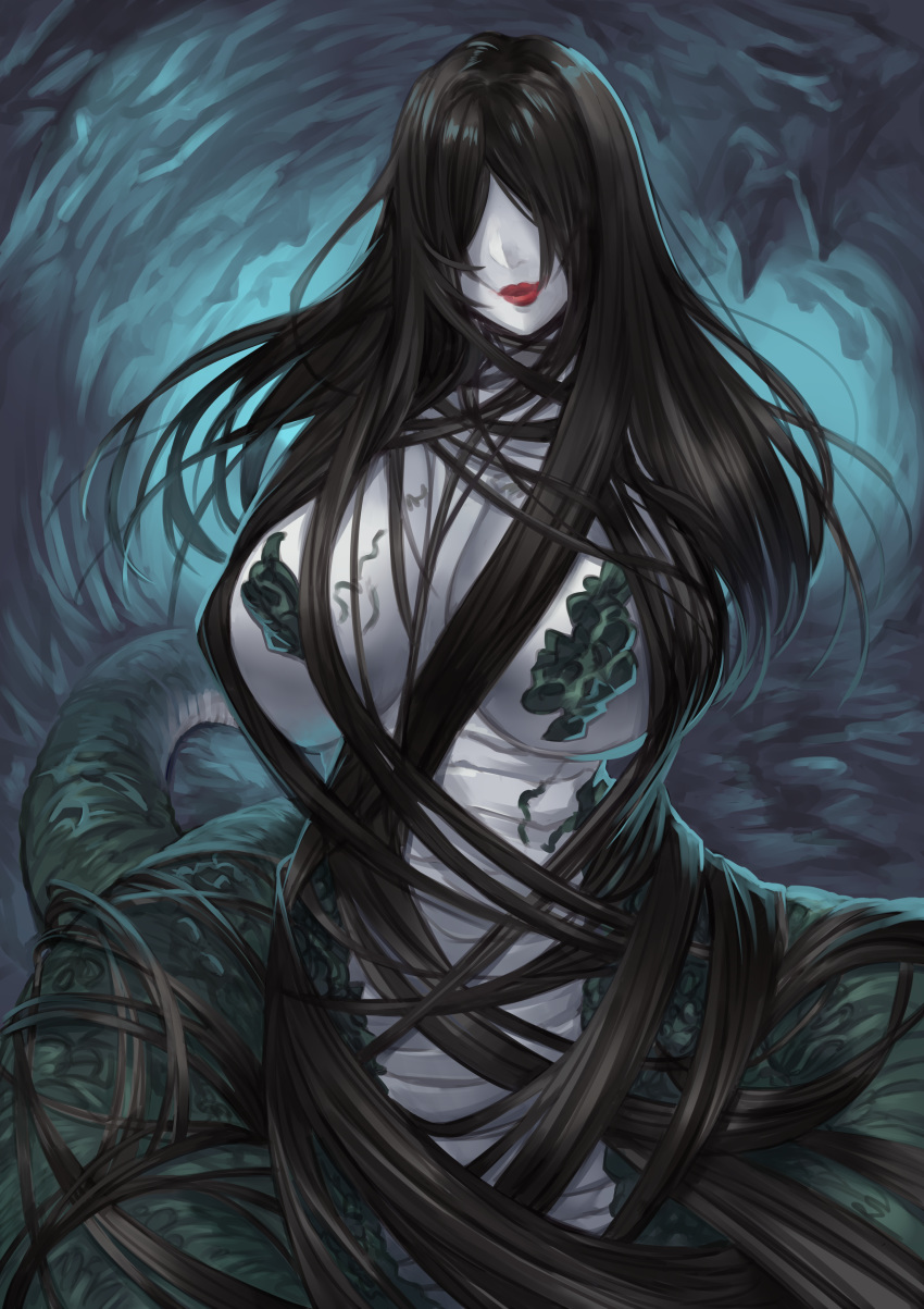 1girl absurdres black_hair breasts cave covered_nipples grey_skin hair_over_breasts hair_over_eyes highres huge_breasts lamia large_breasts lipstick makeup monster monster_girl nioh red_lipstick solo tahnya youkai